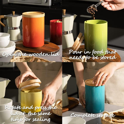 Sweejar Ceramic Food Storage Jar, Stackable Kitchen Canisters, Containers with Airtight Seal Wooden Lid for Serving Ground Coffee, Tea, Sugar, Salt and More - 16 Fl Oz (Gradient Orange)