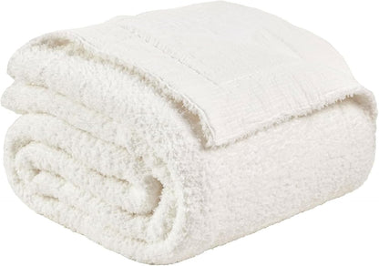 EMME Muslin and Fleece Twin Blanket Reversible - 60"*80" Cream Soft Warm Throw Blankets for Couch Bed Picnic Travel Bed
