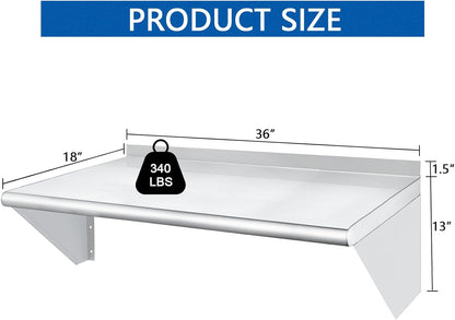 HARDURA Stainless Steel Shelf 18" x 36", 340lb Commercial Shelves Wall Mount Metal Shelving with Backsplash and Brackets for Kitchen, Restaurant, Laundry Room and Home