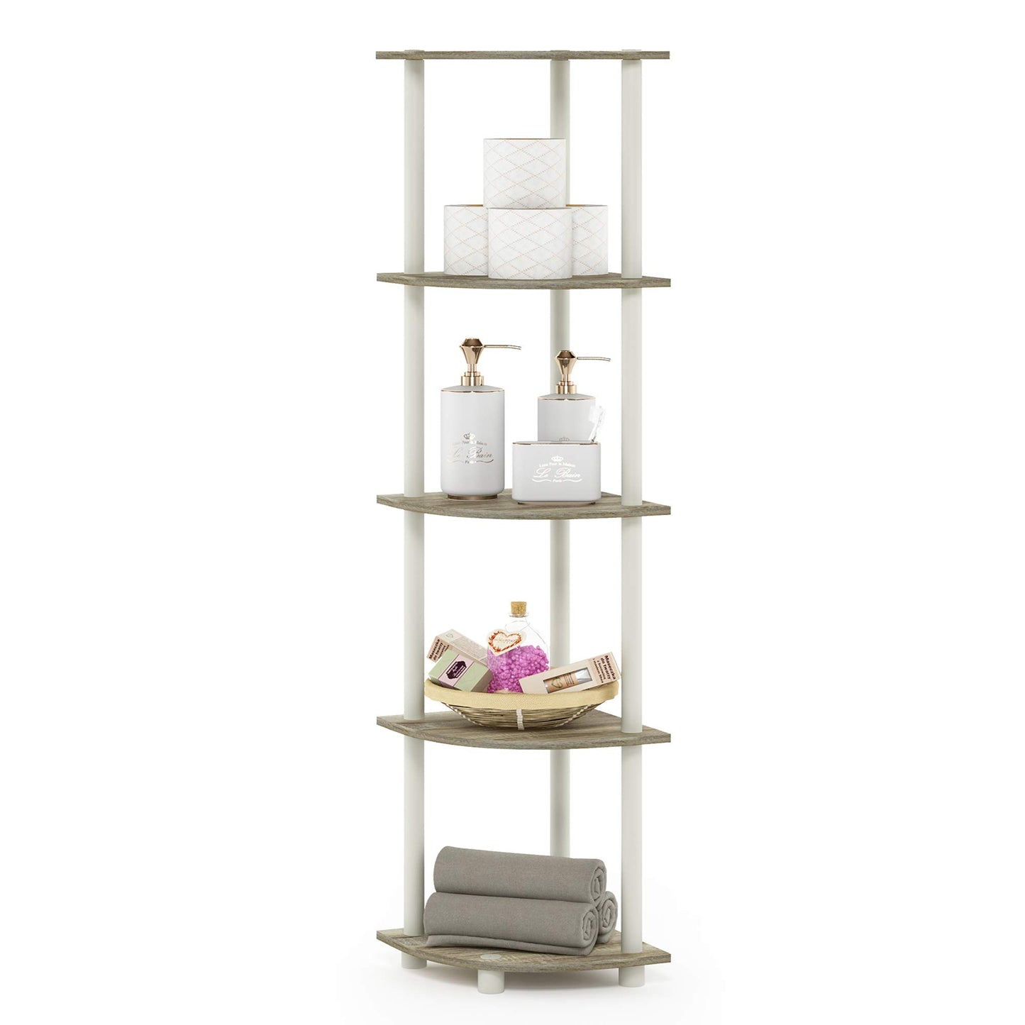 Furinno TURN-N-TUBE Corner Shelf, 5-Tier Corner Bookshelf, Open Storage Shelves, for Organization