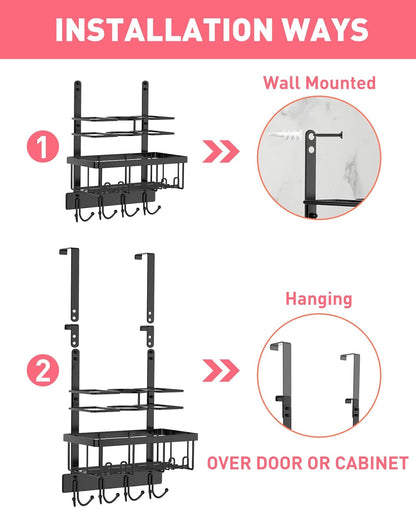 REFLYING Over-the-Door Hairdryer and Styling Tool Organizer, Metal, Black, 3 Compartments, 8 Hooks, 15"H x 10"W x 4.7"D