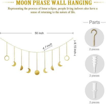 Mkono Moon Phase Wall Hanging Boho Aesthetic Room Decor Metal Moons Garland Hanging Art Bohemian Home Decoration for Girls Room Nursery Bedroom Livingroom Dorm, Ideal, Gold, 50"