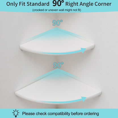 Corner Shelves, White Floating Corner Shelf, Set of 2 12inch Solid Oak Wood Wall Shelves, Round End Wall Mount with Wire Hole for Small Plant for Bedroom Kitchen, Living Room