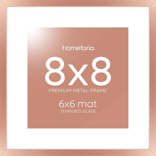 Homeforia Rose Gold Frame 8x8, High End Metal 8 x 8 Square Picture Frames with Mat 6 x 6 Art, 8x8 Photo Frame Matted to 6x6 inch Print, 8by8 Wall or Tabletop Frames, Tempered Glass, Wall Kit, Set of 1