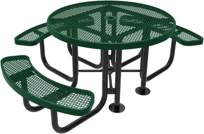 Heavy-Duty Portable Outdoor Picnic Table with Umbrella Hole, Expanded Metal Patio Dining Furniture Made in America (46" Round Top, Green)