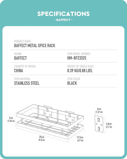 Metal Spice Rack Wall Mount Floating Shelves 2 Pack Black Storage organizer for Cabinet Door Pantry Kitchen Bathroom Supplies (9.8inches length)