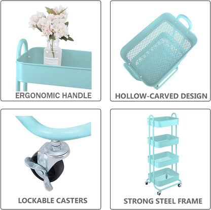 Melody House 4-Tier Metal Mesh Utility Rolling Cart Storage Organizer Shelf Rack with Lockable Wheels for Living Room Kitchen Office, Turquoise