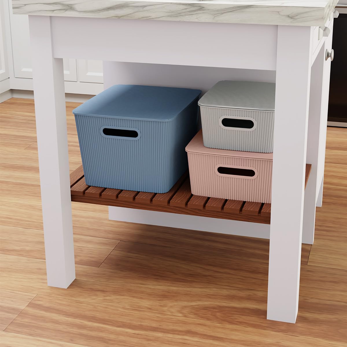 Glad Storage Baskets with Lids - Set of 4 Stackable Plastic Boxes with Handles - Decorative Shelf