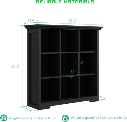 Cube Storage Bookcase with Base - Wooden 3 Tiers Floor Standing Open Shelf Cabinet for Home and Office, 9-Cube Lattice Bookshelf, Black