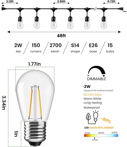 Svater 192 FT Outdoor String Lights 2W, Patio Light for Outside with 64 Antique S14 Plastic LED Bulbs, IP65 Waterproof Hanging Cafe Market Lighting, ETL-Listed Dimmable Warm White (48 FT x 4)
