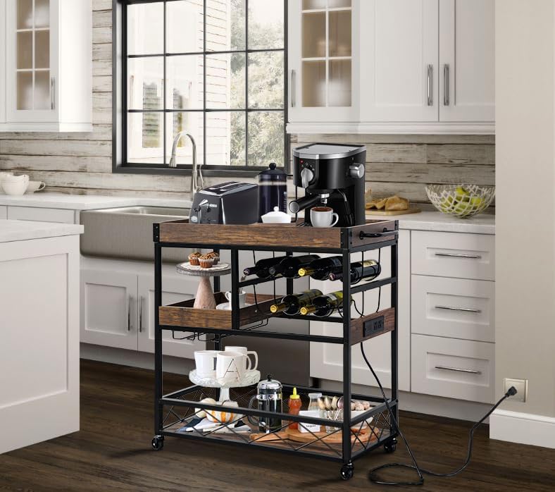 Bar Cart with Power Outlet, Industrial Kitchen Serving Cart with Wine Rack & Glass Holder, Coffee Bar Table Station with Storage, Rolling Cart on Wheels with 59IN Cord, Brown
