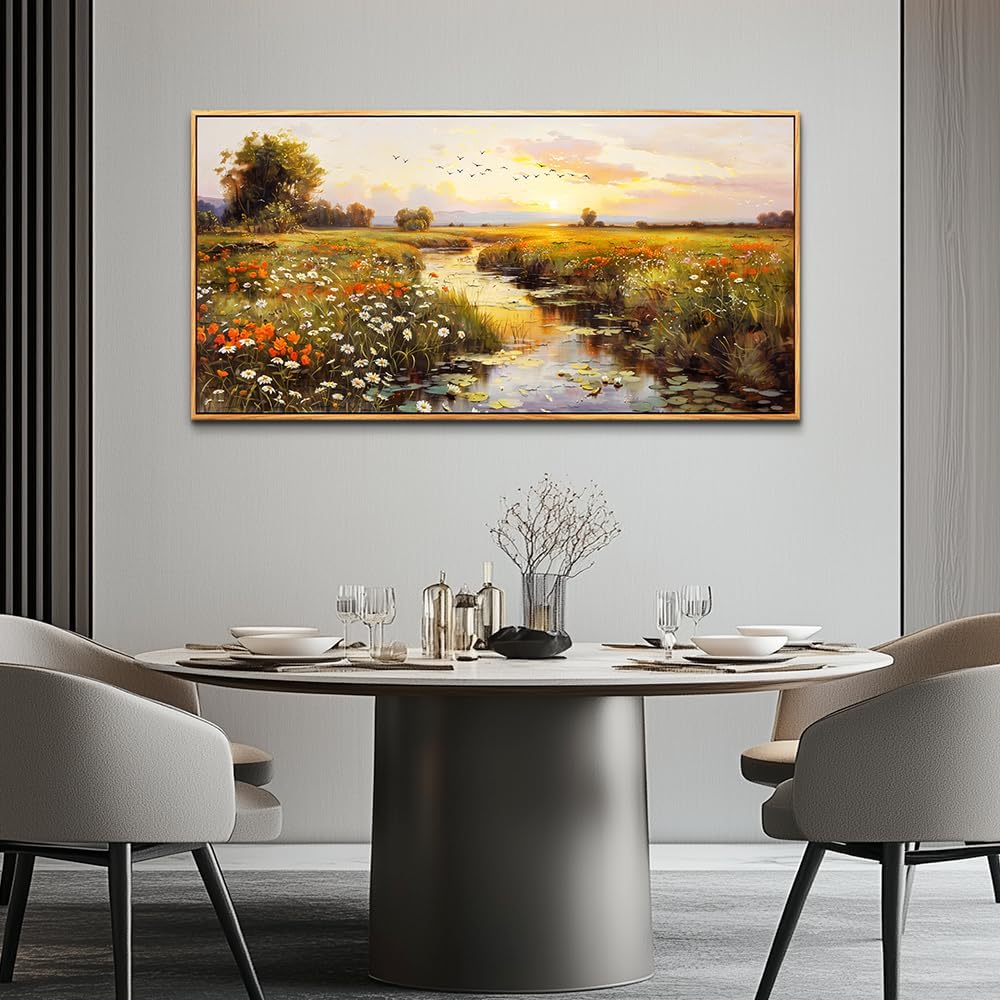 PHAOHUAXM Canvas Wall Art For Living Room Wall Decor For Bedroom Watercolour Painting Office Decoration Countryside Sunrise Scenery Wall Picture Printing Artwork Home Decor Wood Framed 24x48 In