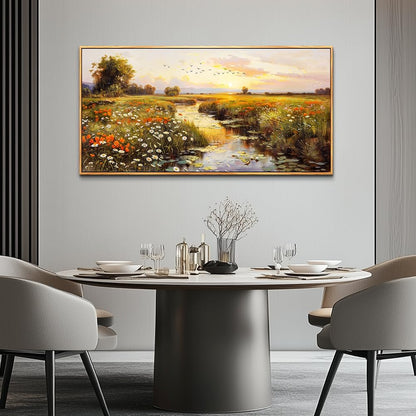 PHAOHUAXM Canvas Wall Art For Living Room Wall Decor For Bedroom Watercolour Painting Office Decoration Countryside Sunrise Scenery Wall Picture Printing Artwork Home Decor Wood Framed 24x48 In