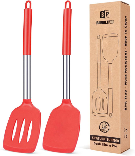 Pack of 2 Silicone Solid Turner, Non Stick Slotted Kitchen Spatulas, High Heat Resistant BPA Free