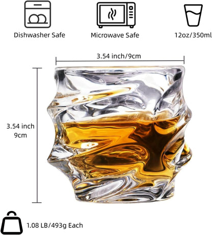 12 oz Hand Blown Crystal Whiskey Glasses Set of 4, Unique Cognac Glass, Heavy Thick Bottom Bar Glass for Scotch Bourbon Rum Gin Water Cocktail,Gifts Men Gifts Ideas