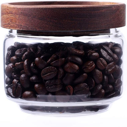 Glass Coffee Containers, 8.5 FL OZ/250 ml Kitchen Serving Food Storage Canister with Sealed Wooden Lid, BPA-Free Clear Glass Jar for Tea Leaves, Powder, Spice(3.06 inch)