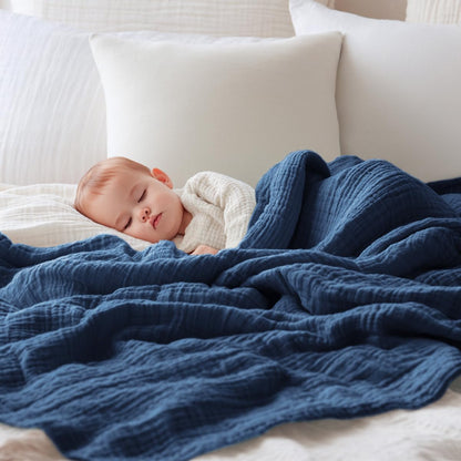 EMME Muslin Baby Blankets 100% Cotton 4-Layer Swaddle 40"x50" Lightweight Soft Breathable for Toddler, Infant, Newborn All Season Gauze Blanket, Navy Blue