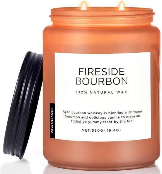 M&SENSE Fireside Bourbon Candles Strong Scented, 2 Wick Jar Candle 19.4oz 110 Hour Long Lasting