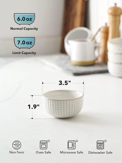 LE TAUCI 3.5 Inch Small Bowls, TINY Embossed Ceramic Dip Bowls, Sauce Dishes, Condiment Cups for Appetizers, Sushi Soy Sauce, Dessert, Ice Cream, Oven & Dishwasher Safe - Set of 4, Arctic white