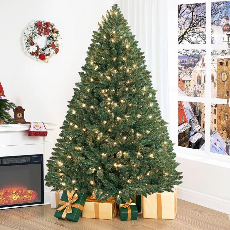 Naomi Home 6.5ft Christmas Tree with Lights Realistic Spruce Christmas Tree Prelit with Foot Pedal 1197 Branch Tips 450 Warm Lights and Metal Stand Aritificial Tree +ürbol De Navidad
