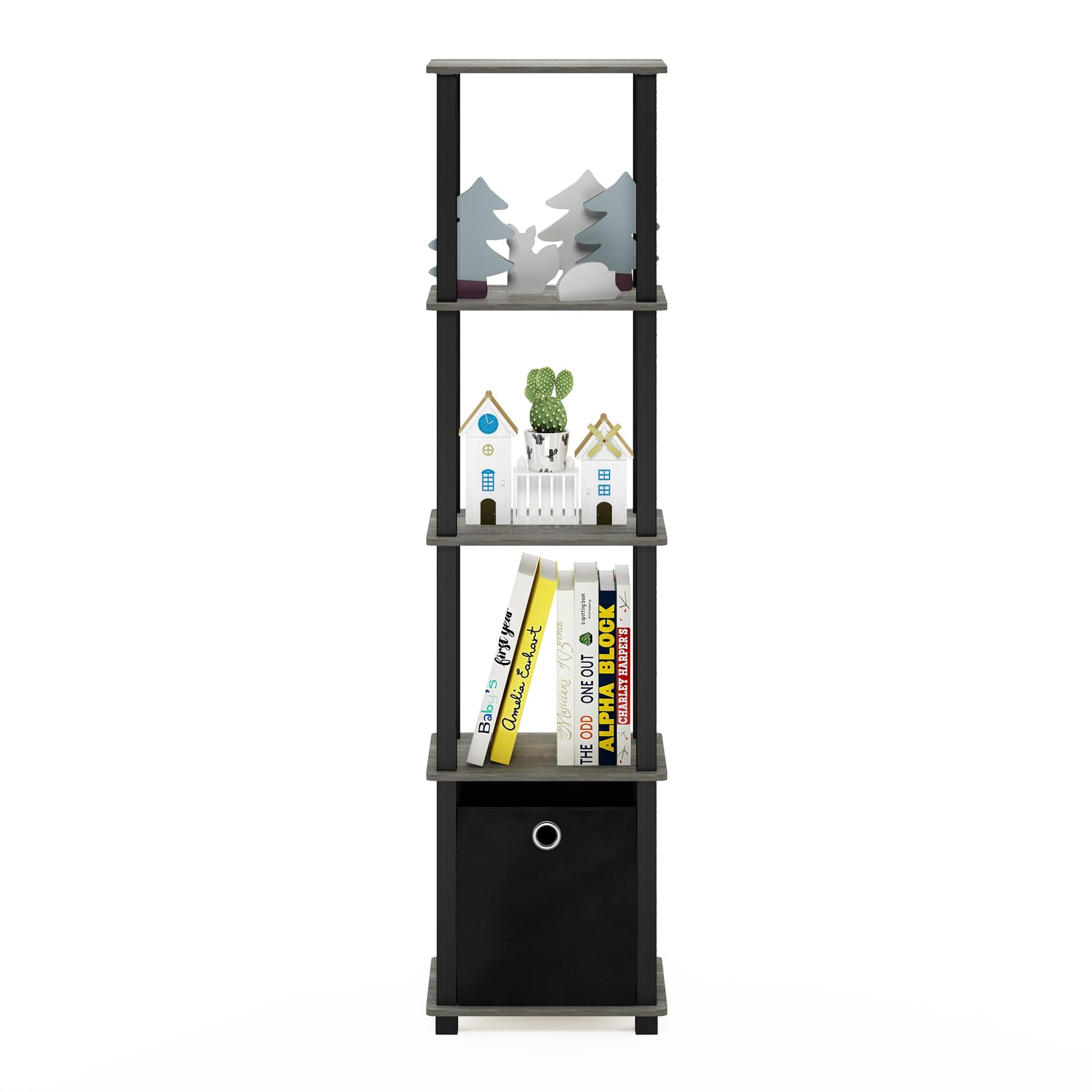 FURINNO TNT No Tools 5-Tier Display Decorative Shelf, French Oak Grey/Black/Black