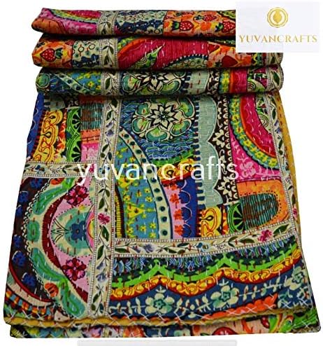 YUVANCRAFTS Patchwork Cotton Kantha Quilt - Indian Traditional Handmade Bedding Vintage Multi Color Quilt Blanket (Twin (60"x90"), Multi Patch 1)