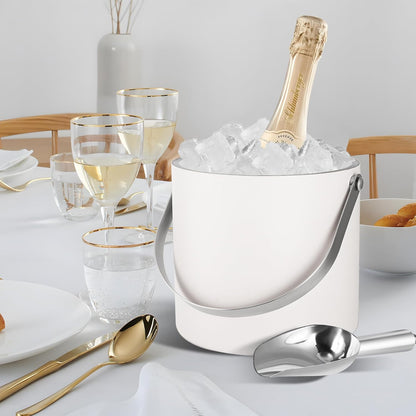 Insulated Ice Bucket with Silicone Lid, Scoop, Tongs & Strainer, 3L Stainless Steel Double Wall Ice Buckets for Parties & Cocktail Bar, Champagne Ice Bucket with Lid for Freezer, Ivory