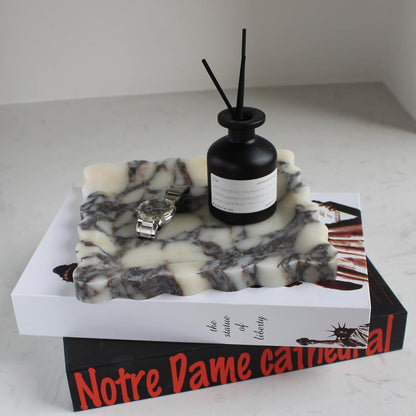 Natural Luxury Marble Tray with Scalloped Edge, Handmade Square Decorative Tray, Catch All Tray for Counter, Dresser, Nightstand and Home Décor (Calacatta Viola)