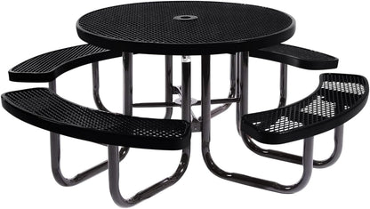 Heavy-Duty Portable Outdoor Picnic Table with Umbrella Hole, Expanded Metal Commercial-Grade Patio Dining Furniture Made in America (46" Round Top, Black)