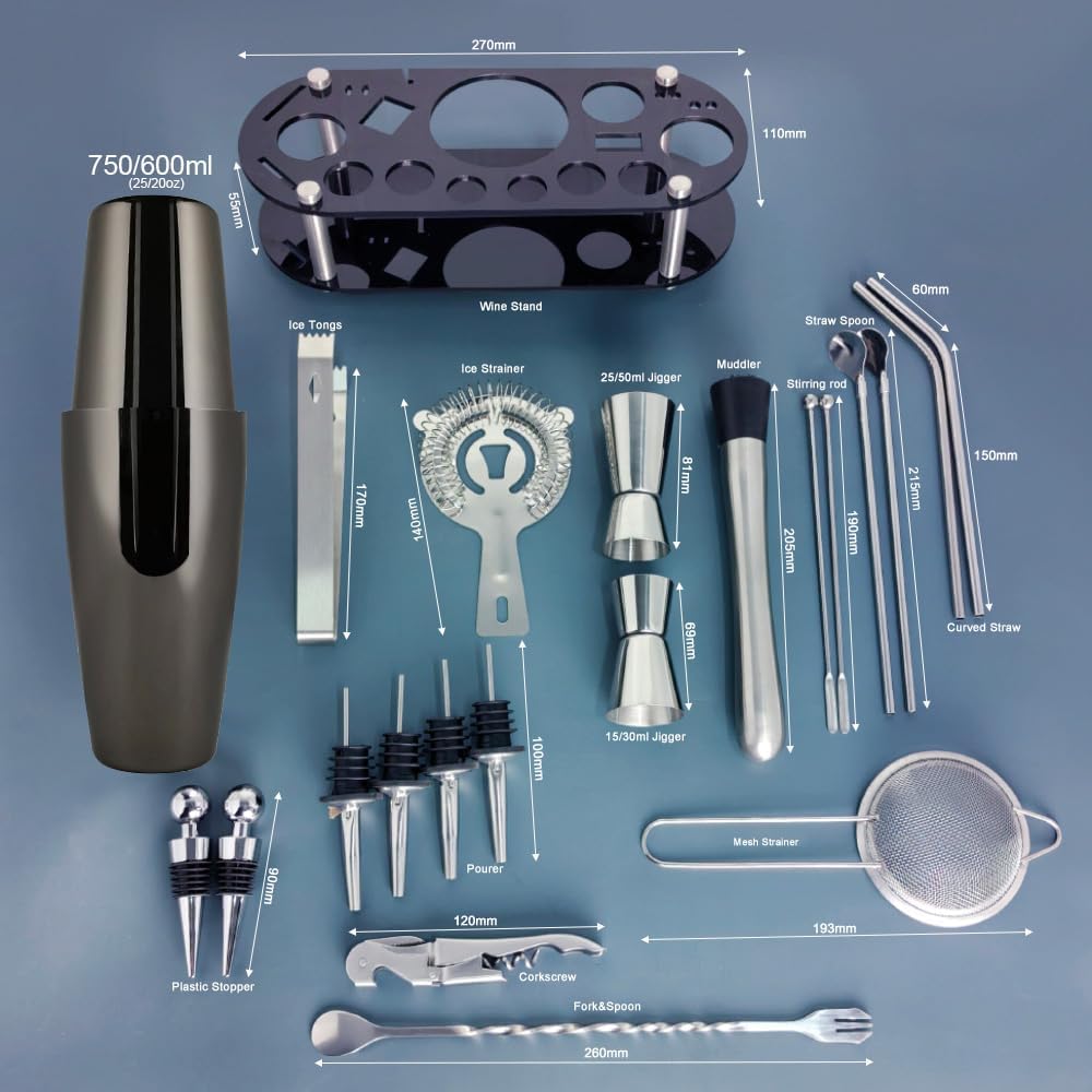 22-Piece Cocktail Shaker Set, 25/20oz Bartender Kit, Bartending Stainless Steel Bar Tools Sets for Drink Mixing, Boston Cocktail Shakers with Stand Recipes Booklet (Black-25-20oz)