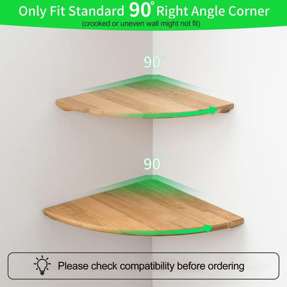 Corner Shelves, Floating Corner Shelf, Set of 2 Solid Oak Wood Wall Shelves, Round End Wall Mount with Wire Hole Shelving for Small Plant for Bedroom Kitchen, Living Room (Oak, 7.1in 2P)