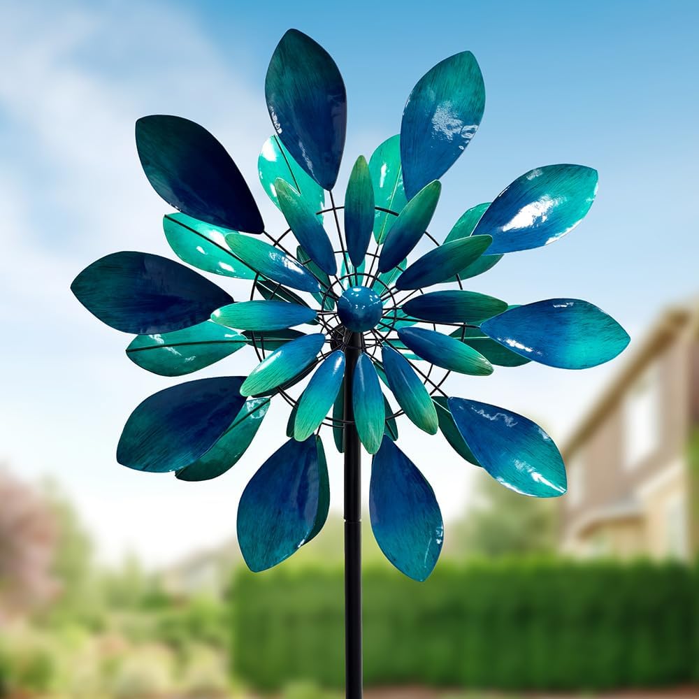 Large Wind Spinners - Decorative Garden Whirligigs - Durable Metal Flower Art - Ideal for Yard Decor and Gifts - Outdoor Accessories - Designed for Patios & Landscapes Blue 24"W x 84"H