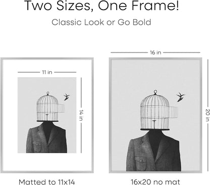 Homeforia 16 x 20 Picture Frame Silver, High End Metal 16 x 20 Frames with Mat 11 by 14 Photo, 16x20 Silver Poster Frame Matted to 11x14 Print, 20x16 Hanging Frames, Tempered Glass, Wall Kit, Set of 1