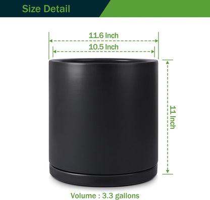 Kazeila 12 Inches Ceramic Planter Pot - Saucer and Drainage Hole - Full Glazed - Matte Black