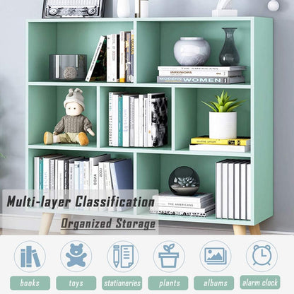 IOTXY Wooden Open Shelf Bookcase - 3-Tier Floor Standing Display Cabinet Rack with Legs, 7 Cubes Bookshelf, Tiffany-Green