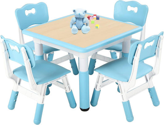 FUNLIO Kids Table and 4 Chairs Set, Height Adjustable Toddler Table and Chair Set for Ages 3-8, Easy to Wipe Arts & Crafts Table, for Classrooms/Daycares/Homes, CPC & CE Approved (5-Piece Set) - Blue