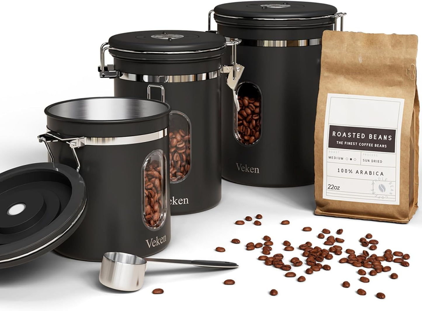 Coffee Canister Set 16 + 22 + 38 oz with Window, Airtight Stainless Steel Kitchen Food Storage Container with Date Tracker and Scoop for Grounds Coffee, Beans, Tea, Flour, Cereal, Sugar, Black