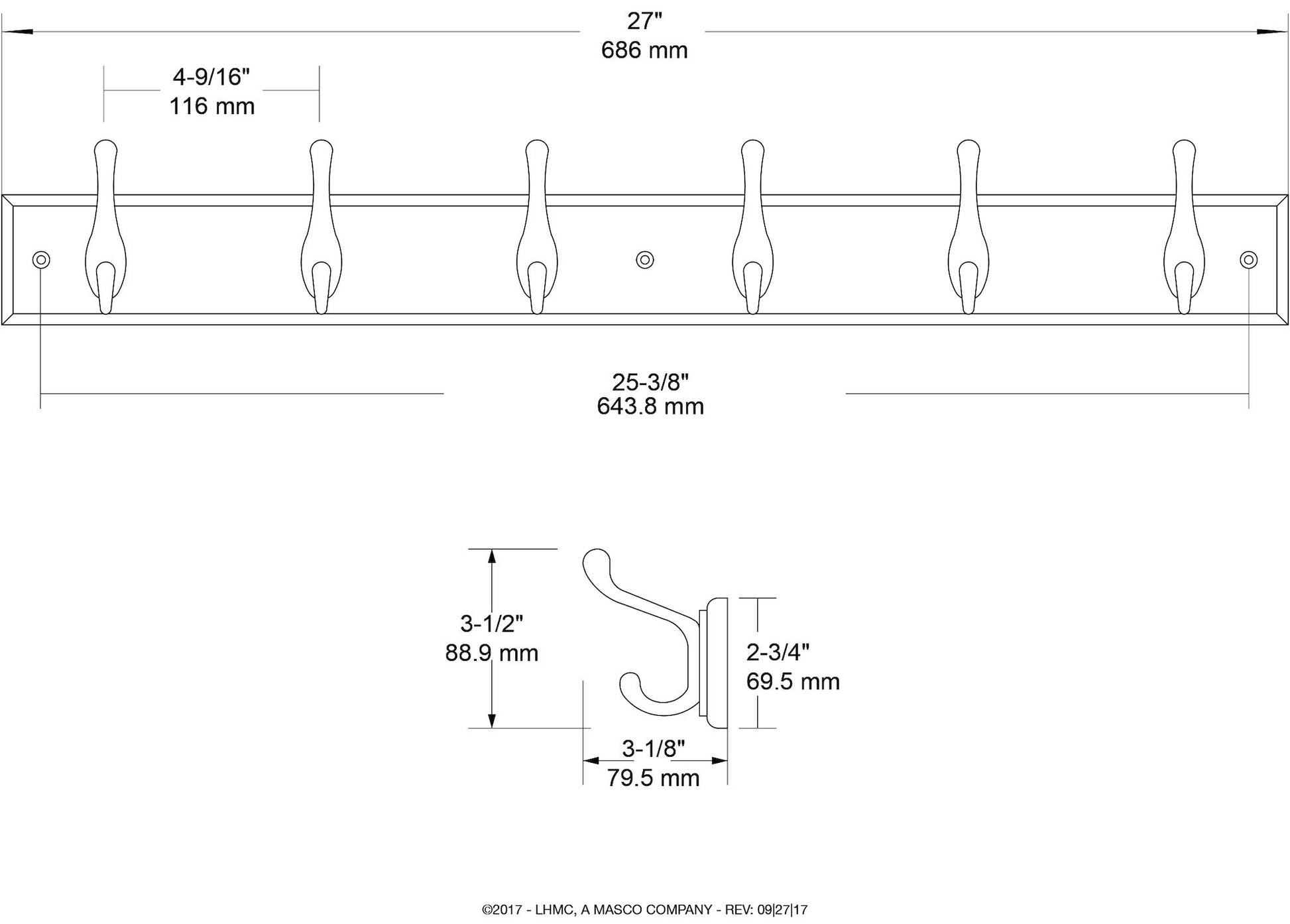 Franklin Brass Heavy Duty (1-Pack) 27" Coat Rack Wall Mount Pure White Hat Rack with 6 Hooks