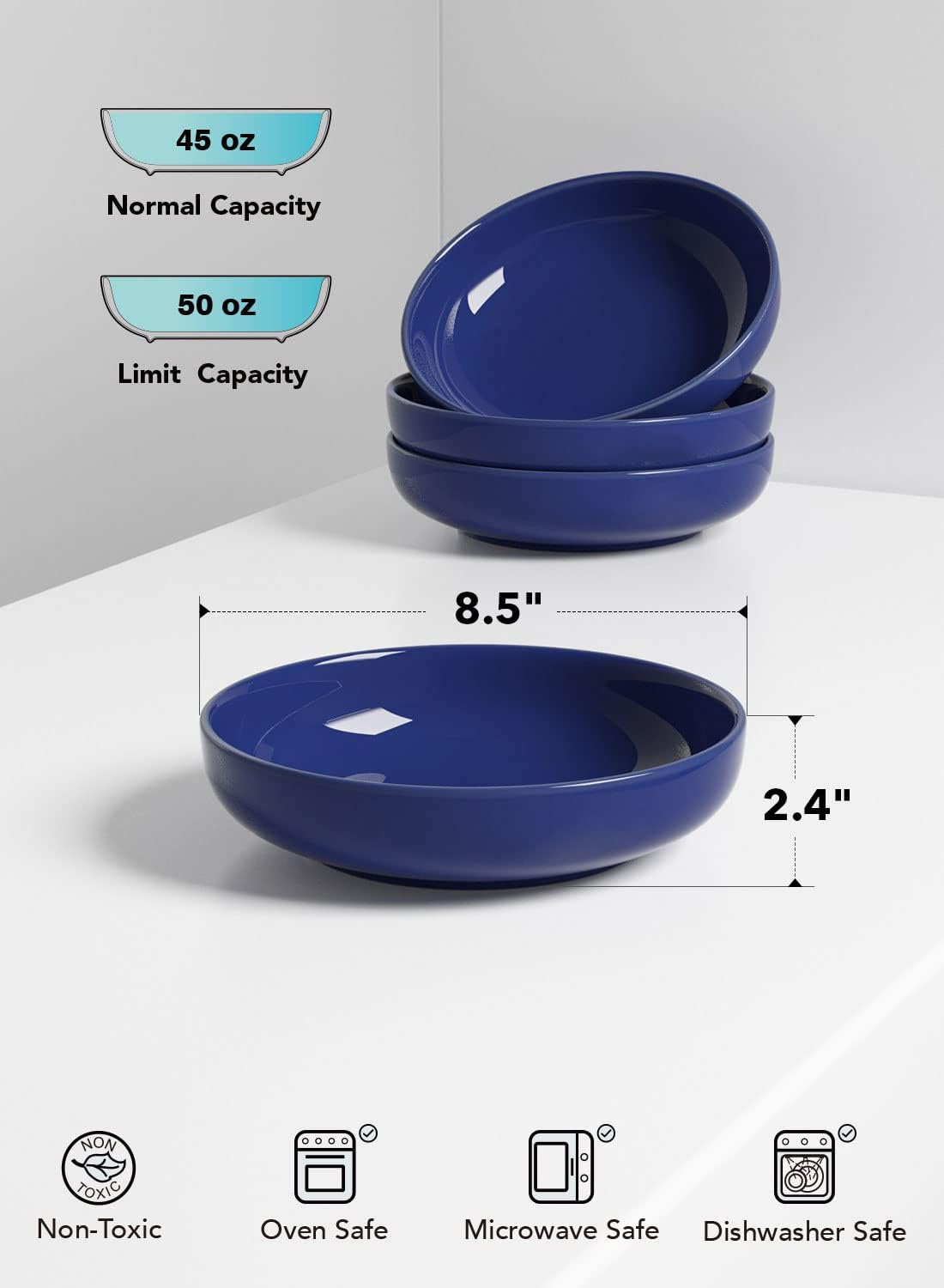 LE TAUCI Pasta Bowls 45 oz, Salad Bowls Set for Serving Soup, Pasta, Noodle, Dinner, Large Kitchen Bowl Plates, Microwave Safe - 8.5 Inch, Set of 4, Blue