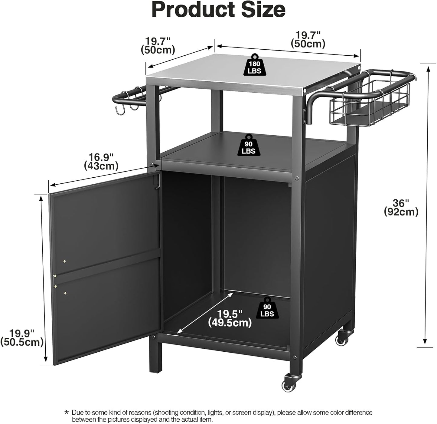 Outdoor Grill Cart with Storage Cabinet, Prep Table with Stainless Steel, BBQ Tables Cart Portable Patio Bar with Lockable Wheels, Movable Kitchen Island for Outside Backyard Patio