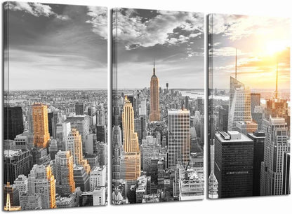 LevvArts Large 3 Piece New York City Canvas Wall Art Modern Black and White NYC at Gold Sunset Picture Prints Cityscape Skyline Poster Framed for Home Office Living Room Decor