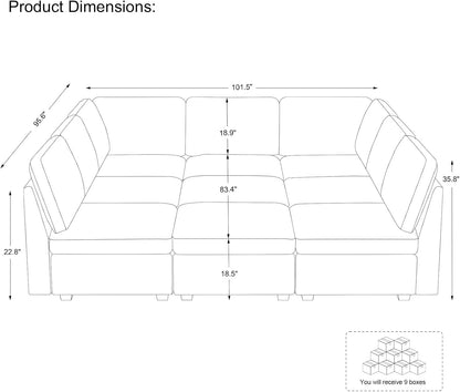 Belffin Modular Sectional Sofa with Sleeper Sofa, Oversized Cloud Couch with Extra Deep Seat, Upholstered 9 Seat Sectional Couches for Living Room, Plush Corduroy Light Grey
