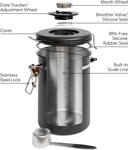 Veken Coffee Canister with Window,Airtight Stainless Steel Container,Home Kitchen Food Storage Organizers for Grounds,Beans,Espresso,Rice,Tea,Sugar,Flour, Cereal,Scoop,Bar Accessories,Gifts,22OZ,Black