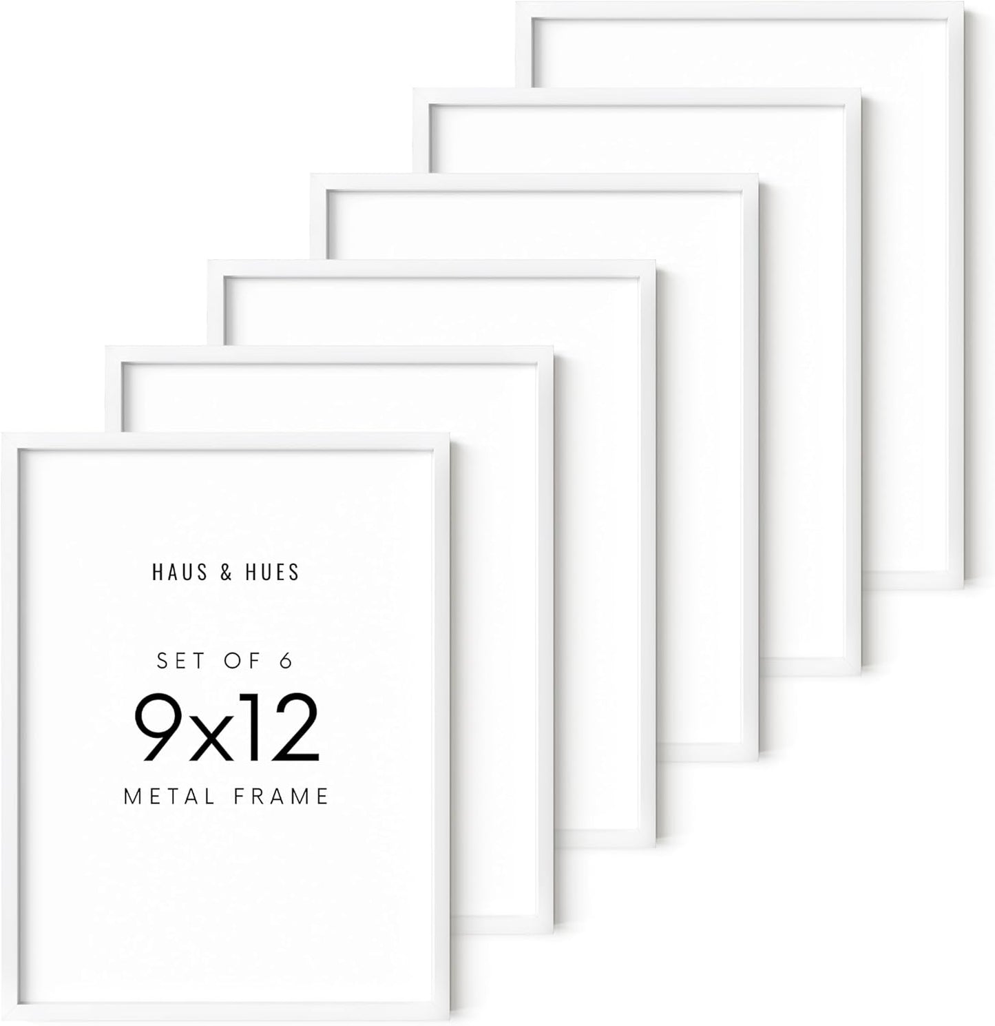 HAUS AND HUES 9x12 White Metal Picture Frames - Features Premium Aluminum, Vertical & Horizontal Hang, Shatterproof Plexiglass - Perfect for Home, Room, Office (9x12 in, White, Set of 6)