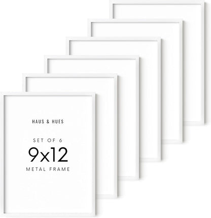 HAUS AND HUES 9x12 White Metal Picture Frames - Features Premium Aluminum, Vertical & Horizontal Hang, Shatterproof Plexiglass - Perfect for Home, Room, Office (9x12 in, White, Set of 6)