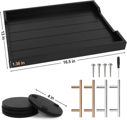Coffee Table Trays - Large Ottoman Tray for Living Room - Wood Serving Trays with Handles(2 Sets) - Wooden Tray for Coffee Table, 4 Round Coasters Included, Black