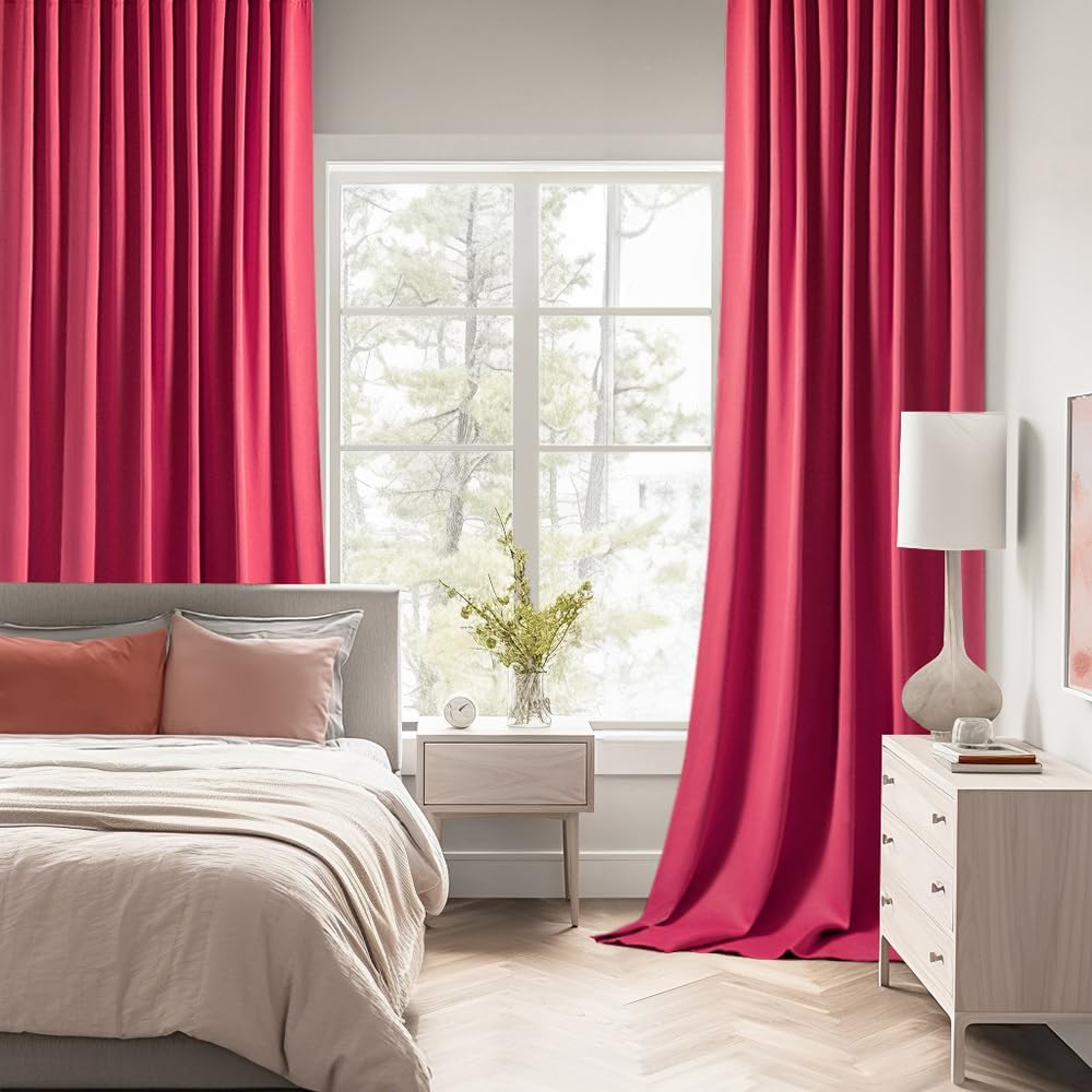 MIULEE Hot Pink Back Tab Blackout Curtains 108 Inch Long 2 Panels Set for Bedroom, Rod Pocket/Pinch Pleat Extra Long Thermal Insulated Living Room Darkening Pleated Light Blocking Drapes