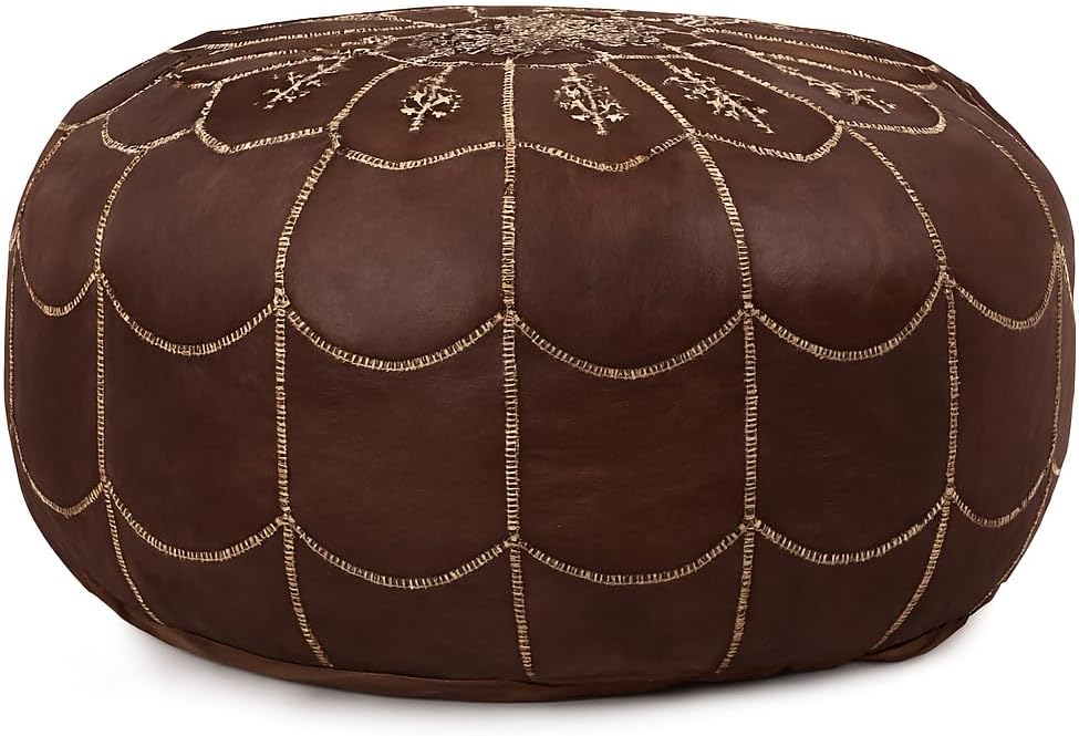 Stuffed Arch Design Moroccan Leather Pouf Ottoman, Handmade, Pre-Filled, 100% Genuine Leather, 14” Height x 22” Diameter – Boho Chic Footstool & Living Room Décor (Brown)
