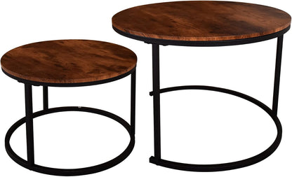 HOMERECOMMEND Round Coffee Table Set of 2 Modern Nesting Side End Table for Living Room,Round Wooden Coffee Table with Solid Powder-Coated Metal Frame, Rustic Brown/Black
