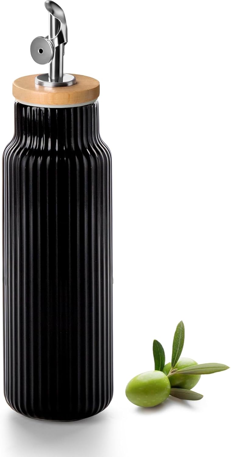 Nucookery Ceramic Olive Oil Dispenser Bottle for Kitchen, 14 oz Opaque Vinegar Dispenser Bottle, Large Capacity Cooking Oil Container for Storage Vinegar, Soy Sauce, Coffee Syrup, Black